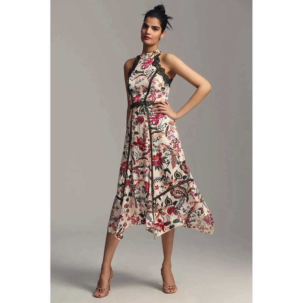 Anthropologie Lace Trim Floral A-Line Midi Dress NWT Sz 14  Botanical Print $220